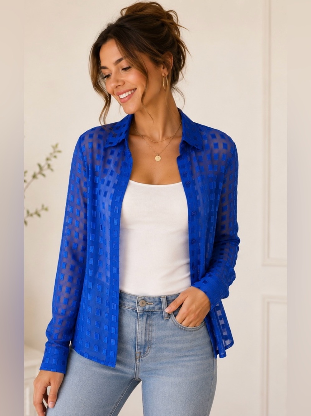 Joanna Sheer Blue Geometric Grid Button Up Blouse